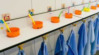 Zahnbürsten in Zahnputzbechern stehen auf einem Regal über Handtüchern auf der Toilette einer Kindertagesstätte. (Quelle: Picture Alliance/Frank Molter)