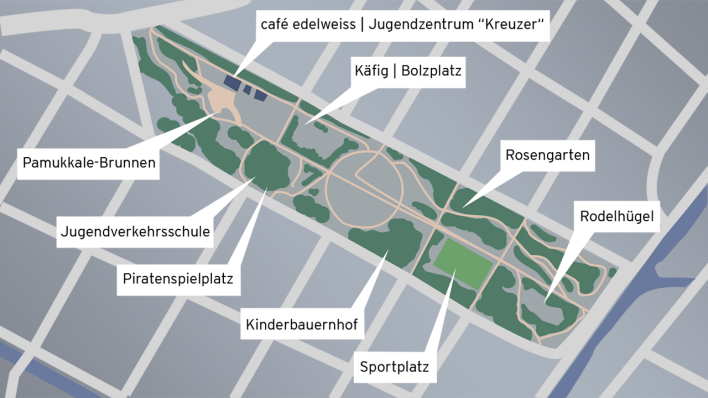 Karte des Görlitzer Parks mit Verortung der Einrichtungen (Quelle: rbb|24/Mitya)