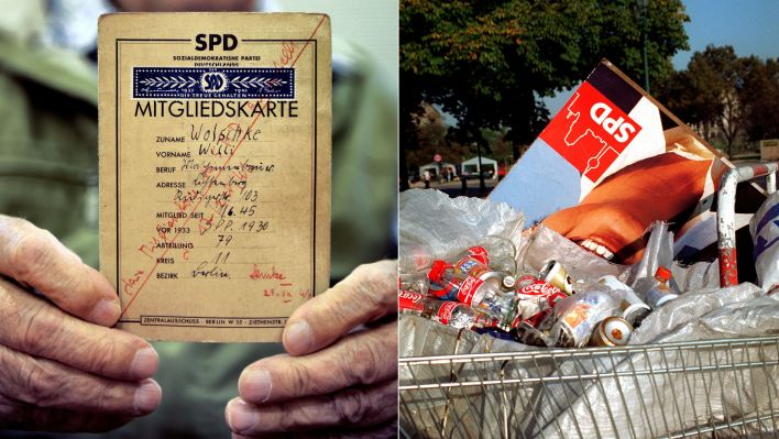 Montage: Älteste Mitgliedskarte der SPD von 1930 und entsorgte Wahlplakate der SPD (Quelle: dpa/Dedert/Mittenzwei)