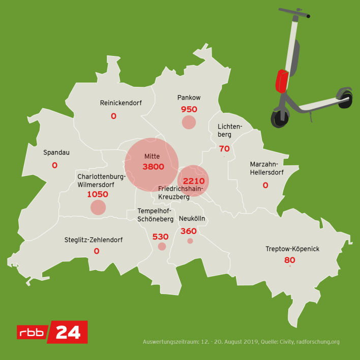 Anzahl der E-Scooter nach Stadtvierteln im August 2019. (Quelle: rbb|24/Winkler)