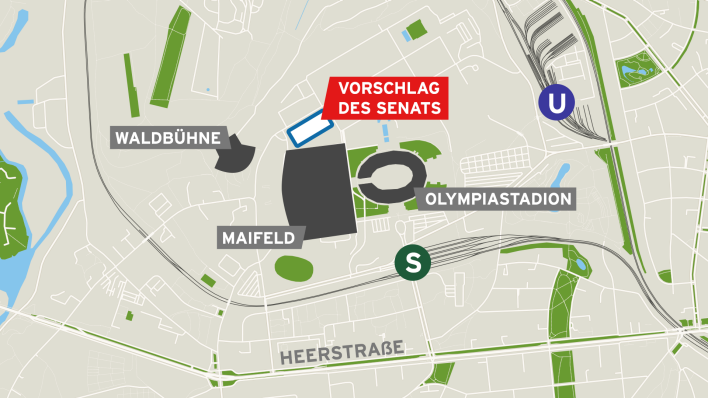 Lageplan des Olympiastadions mit dem vom Senat vorgeschlagenen Bereich für das Hertha-Stadion. (Quelle: rbb|24, Kartenmaterial: OpenStreetMaps contributors)