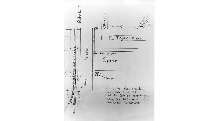 Eine Skizze, mit der Kaufhauserpresser Arno "Dagobert" Funke zwischen 1992 und 1994 der Polizei den Ort einer Lösegeldübergabe angegeben hat (Quelle: dpa ).