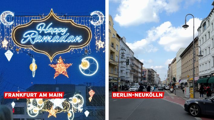 Auf der linken Seite des Bildes ist eine Ramadan-Beleuchtung in Frankfurt am Main zu sehen. Auf der rechten Seite eine ungeschmückte Straße in Berlin-Neukölln.