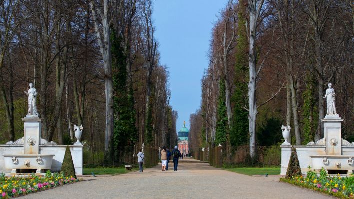 Archivbild: Menschen gehen am 13.04.2022 in Potsdam (Brandenburg) im Schloßpark Sanssouci spazieren. (Quelle: dpa/Paul Zinken)