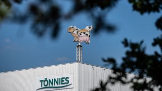 Auf dem Dach des Werksgeländes steht das Logo der Firma Tönnies in Form von zwei Kühen und einem Schwein, Foto: Guido Kirchner/dpa