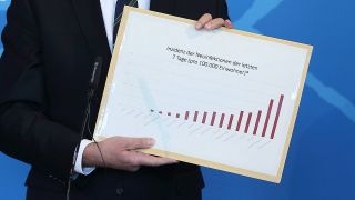 Ministerpräsident Dietmar Woidke SPD zeigt eine Statistik zur Inzidenz der Neuinfektionen der letzten 7 Tage im Land Brandenburg (Bild: imago images / Martin Müller)