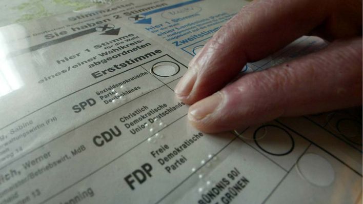 Ein Wahlzettel mit einer Braille-Schablone, die es Blinden ermöglicht allein zu wählen (Bild: imago)