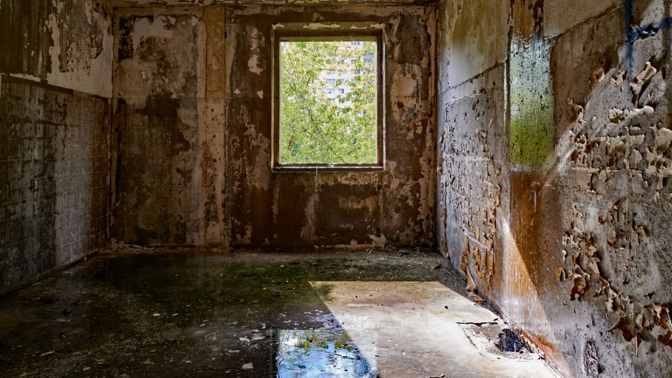Ein Raum ohne Fensterscheiben, das Regenwasser läuft von den Wänden. (Quelle: Götz Gringmuth-Dallmer/rbb)