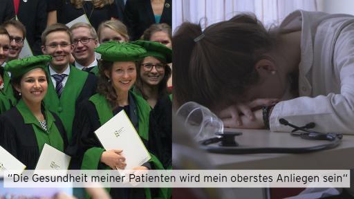 Links: Mediziner leisten den hippokratischen Eid. Rechts: Eine junge Ärztin hat überarbeitet ihren Kopf auf den Tisch gelegt (Quelle: rbb/Kontraste; Collage: rbb)