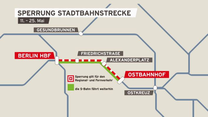 "Grafik: Sperrung Abschnitt Berliner Stadtbahn für Regional- und Fernverkehr"; © rbb