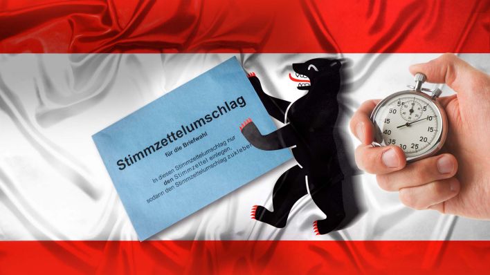 Montage: Berliner Flagge mit Stimmzettelumschlag und Hand mit Stoppuhr (Quelle: rbb/picture alliance/CHROMORANGE|Christian Ohde/IMAGO/snapshot-photography/Seeliger)