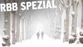 Zwei Personen gehen im Schneesturm entlang einer Allee in Berlin; Schriftzug "rbb Spezial" (Quelle: rbb/imago images/photothek)