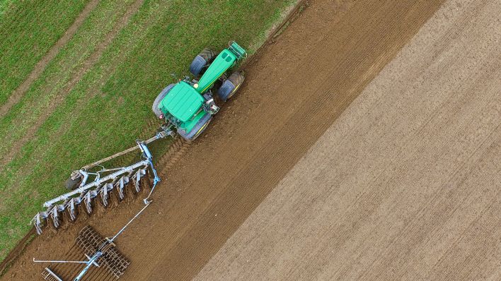 Ein Traktor beim Pflügen eines Feldes in Brandenburg (Quelle: dpa/Patrick Pleul)