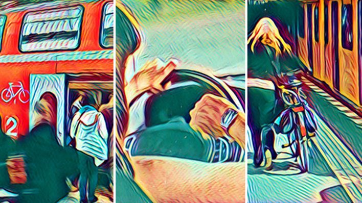 Themenbild Pendleratlas - Eine Collage zeigt Menschen, die in einen Regionalzug einsteigen, im Auto sitzen und ihr Fahrrad am U-Bahnhsteig schieben (Quelle: dpa/clourbox/rbb)