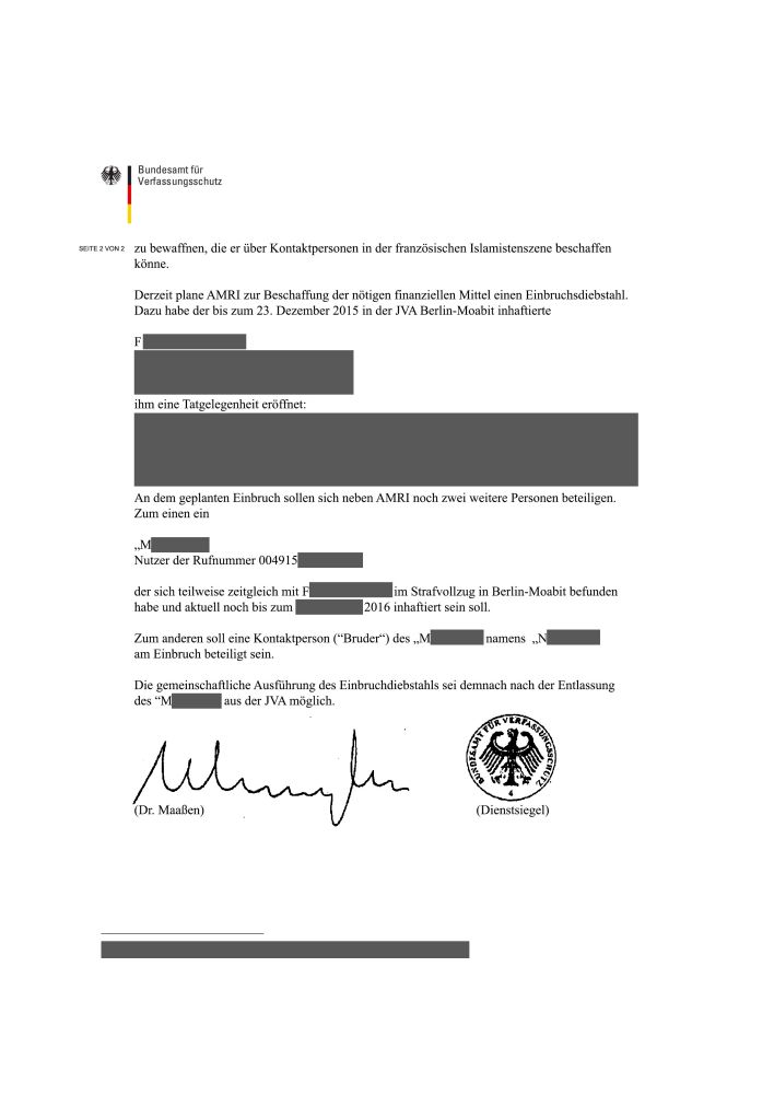 Ein Behördenzeugnis zu Anis Amri vom Bundesamt für Verfassungsschutz an das LKA Berlin (Quelle: rbb)
