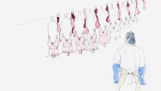 Illustration: Fleischbeschauer vor Hähnchenkörpern (rbb/Caroline Winkler)