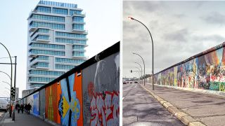 Bildcollage: Die East Side Gallery in Berlin. Links von 2017 mit dem Living Levels Tower und rechts von 2008 (Quelle: Imago/Brexel)