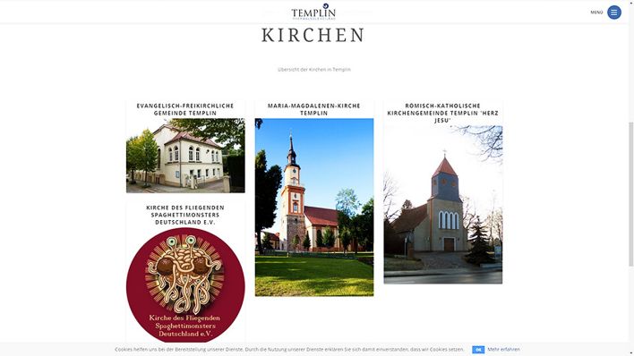 Screenshot des Internetsauftritts von Templin und die Vorstellung der Ortskirchen (Quelle: Screenshot Templin.de)