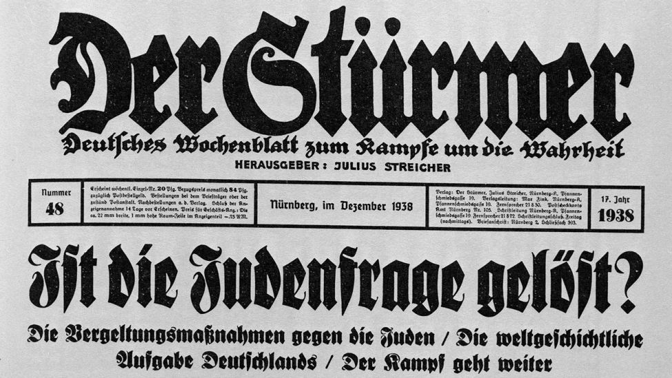 Archivbild: Der Stürmer titelt am 7. November 1938 <<Ist die Judenfrage gelöst?>>. (Quelle: dpa)