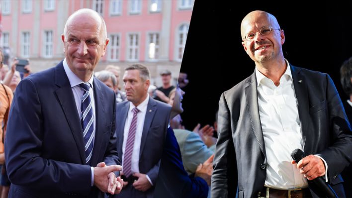 Kollage - links: Dietmar Woidke (SPD) am Wahlabend in Potsdam (Bild: dpa/Kai Nietfeld) , rechts: Andreas Kalbitz (AfD) am Wahlabend in Werder (Bild: dpa/Gregor Fischer)