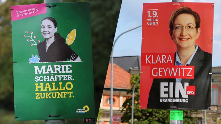 Landtagswahl Brandenburg 2019, Kollage - links: Wahlplakat von Marie Schäffer (Bild: dpa/Martin Müller), rechts: Wahlplakat von Klara Geywitz (Bild: imago-images/Karina Hessland)