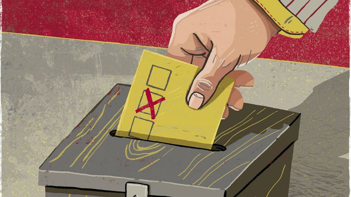 Grafik - Eine Hand steckt einen Wahlzettel in die Wahlurne (Bild: imago)