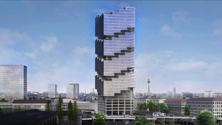 Grafik: Der geplante East Side Tower <<Edge East Side>> an der Warschauer Straße in Berlin Friedrichshain. (Quelle: rbb/Abendschau)