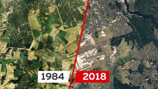 Die Kollage zeigt Luftaufnahmen des Geländes des Schönefelder Flughafens 1984 und 2018 in einer Gegenüberstetllung (Bild: Google Earth Engine Timelapse/rbb|24)