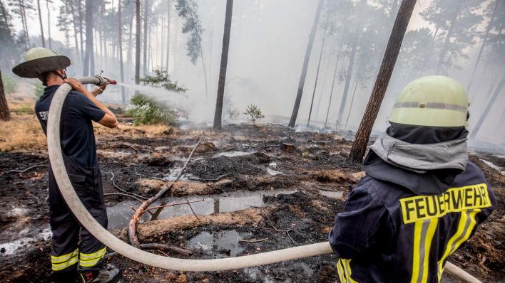Zwei Feuerleute stehen in einem verrauchten Waldstück und Löschen Brandnester (Quelle: DPA/Michael Kappeler)
