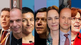 Collage mit EU-Wahlkandidaten: Ehler (CDU), Varoufakis (DiEM25), Keller (Grüne), Schirdewan (Linke), Bentele (CDU), Fest (AfD), Bischoff (SPD). (Quelle: dpa)
