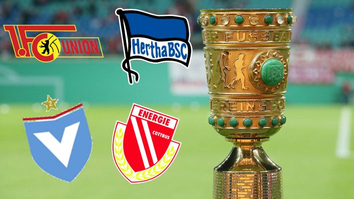 Der DFB Pokal mit den Vereinslogos von Union, Hertha, Viktoria und Cottbus. Bild: imago/Picture Point