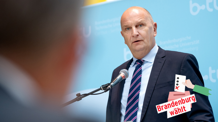 Dietmar Woidke (SPD), Ministerpräsident von Brandenburg, spricht am 08.07.2019 auf einer Veranstaltung an der Brandenburgischen Technischen Universität Cottbus-Senftenberg. (Quelle: dpa/Monika Skolimowska)