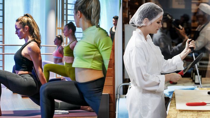 rbb24 Collage: Links ein Fitnesskurs und rechts im Bild ist eine Metzgerin (Quelle: dpa/ Kalaene/ Imago/ Westend61)