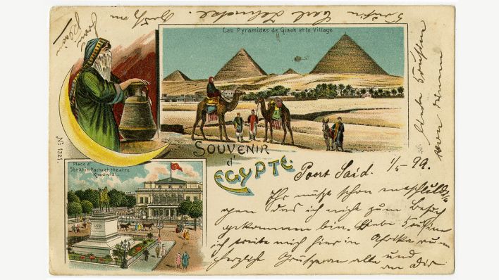 Die am 1.5.1899 in der ägyptischen Hafenstadt Port Said geschriebene und abgestempelte Urlaubskarte (Quelle: Museum für Kommunikation Berlin)