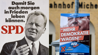 Kollage: Links das Willy-Brandt-Plakat der SPD, rechts ein Braqndt-Wahlplakat der AfD Brandenburg. (Quelle: twitter/dpa)