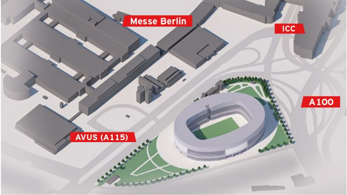 Der Entwurf des möglichen Standortes des Hertha-Stadions an der Avus-kurve (Bild: BLR Projektplan Entwicklungs GmbH)
