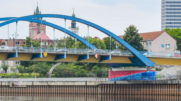 Holzpfeiler ragen aus dem trockenen Flussgrund der Oder am polnischen Ufer, während im Hintergrund die Stadtbrücke, welche die Städte Frankfurt (Oder) und Slubice (Polen) verbindet, zu sehen ist. (Quelle: dpa/Patrick Pleul)