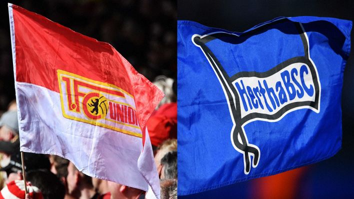 Fahnen von Union Berlin und Hertha BSC (Quelle: imago-images)