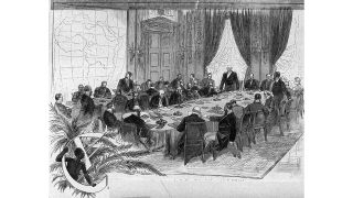 Holzstich: Bismarck leitet eine Sitzung der Kongokonferenz (15.November 1884 bis 26. Februar 1885) im grossen Saale des Reichskanzlerpalais in Berlin. Holzstich nach Zeichnung von Hermann Lueders. (Quelle: dpa/akg-images)