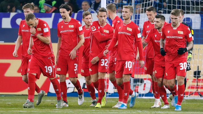 Unions Spieler nach dem zwischenzeitlichen Ausgleich auf Schalke. Quelle: imago images/Laci Perenyi