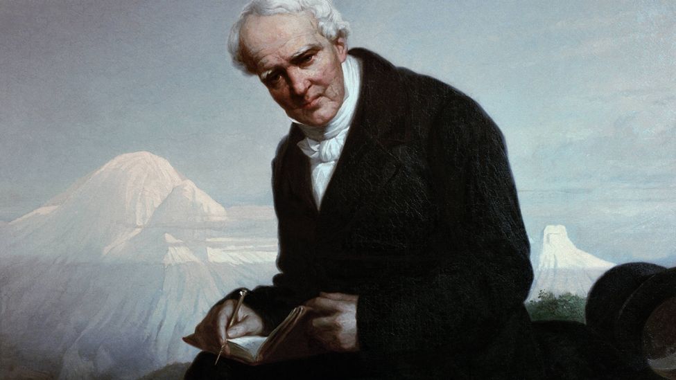 Alexander von Humboldt, Naturforscher und Geograph, ist auf einem Gemälde von Julius Schrader von 1859 abgebildet. Im Hintergrund die Vulkane Chimborazo und Cargueirazo in den Anden. (Quelle: dpa/akg-images)