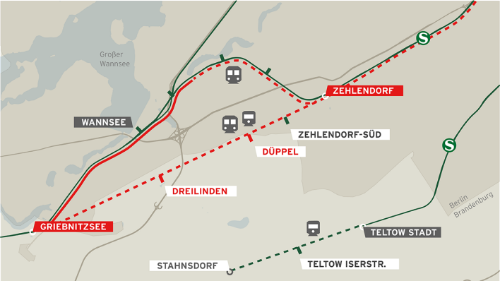 Die geplante Verlängerung der S25 nach Stahnsdorf und die Stammbahn von Zehlendorf über Düppel, Dreilinden nach Griebnitzsee. (Bild: rbb|24/OpenStreetMap)