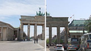 Fotomontage: links das nahezu menschenleere Brandenburger Tor am 16.03.2020, rechts das belebte Brandenburger Tor. (Foto: rbb)