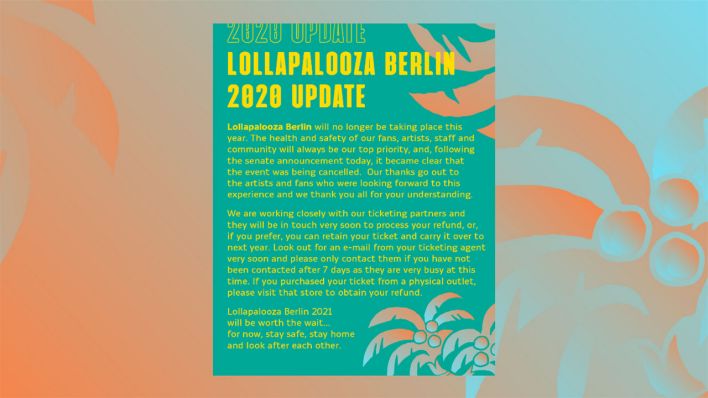 Screenshot: Update des abgesagten Lollapalooza Berlin Festivals, auf englisch. (Quelle: lollapaloozade.com)