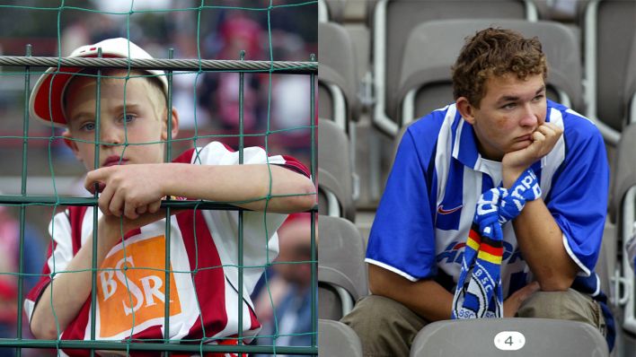 Die Kollage zeigt links einen enttäuschten Union-Fan (Bild: imago-images/Bernd König) und rechts einen enttäuschten Hertha-Fan (Bild: imago-images/Camera 4)