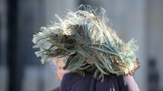 Symbolbild: Eine Person mit vom Wind zerzausten Haaren. (Quelle: dpa/Oliver Berg)