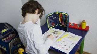 Symbolbild: Ein junger Schüler sitzt zu Hause am Schreibtisch in frustriert wirkender Pose und lernt. (Quelle: dpa/A. Waelischmiller)