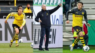 Collage: Spieler Lukas Piszczek (BVB), Borussia Trainer Lucien Favre (BVB), Spieler Nico Schulz (BVB). (Quelle: imago images/R. Ibing/Witters/foto press)