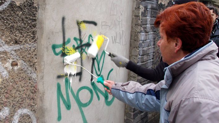 Symbolbild: Rechtsradikale Grafittis in Berlin. Hier: Ein Hakenkreuz, das von AnwohnerInnen übermalt wird. (Quelle: imago images).