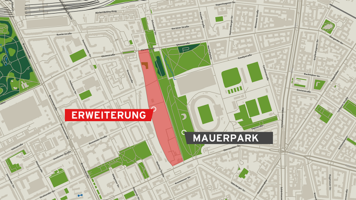 Die geplante Erweiterung des Mauerparks. (Quelle: rbb|24/Openstreetmap)